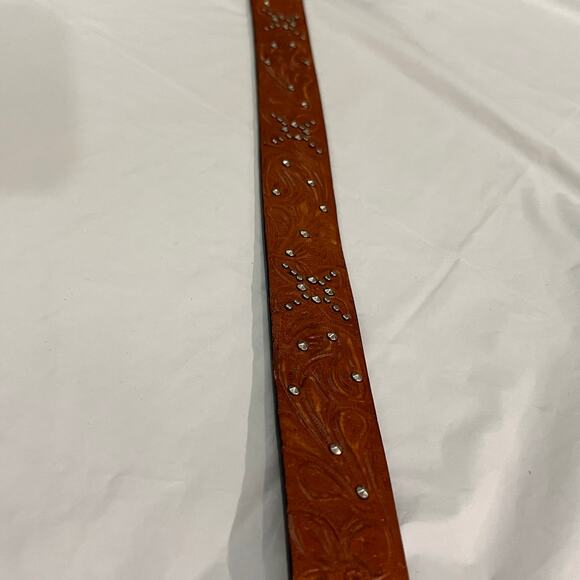 Fossil Belt Size S Brown Genuine  Leather Tooled Studded Western Boho Buckle - Picture 12 of 15